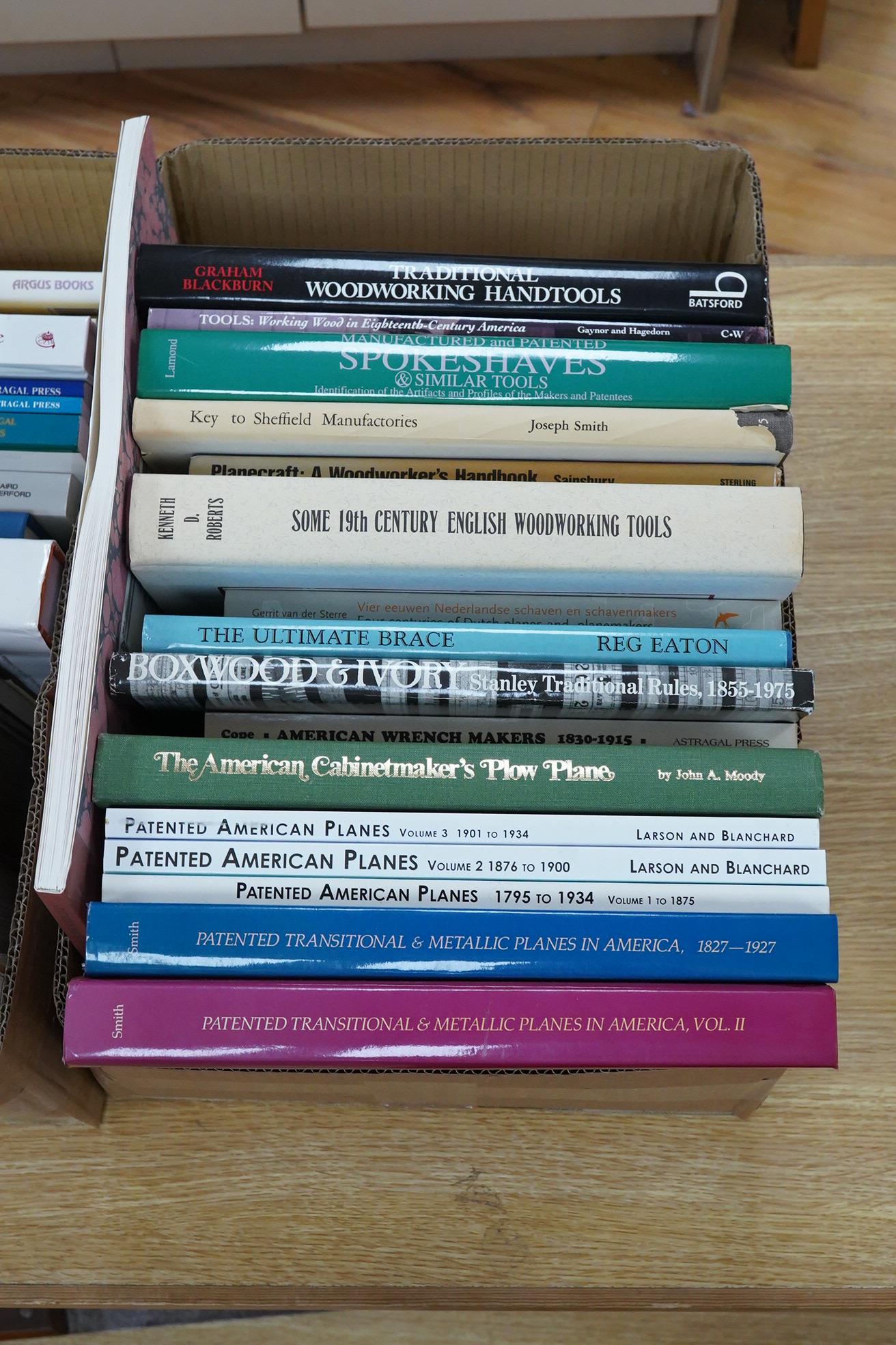 Two boxes of woodworking related books, titles include; Collins Complete Woodworker’s Manual, Buck & Hickman Limited catalogues, The Wooden Plane, The Handsaw Catalog Collection, Memories of a Sheffield Tool Maker, the S